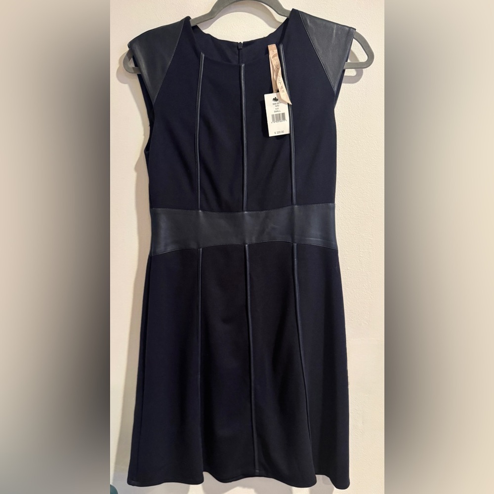 Bailey 44 Navy Cap Sleeve Knit Dress with Faux Leather Details. Size S. NWT!
